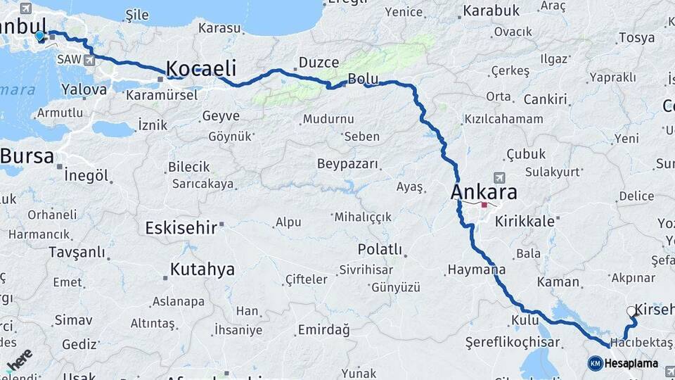 İstanbul Bağcılar Kırşehir Arası Kaç Km - Yol Haritası