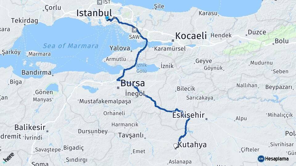 İstanbul Bağcılar Kütahya Arası Kaç Km - Yol Haritası