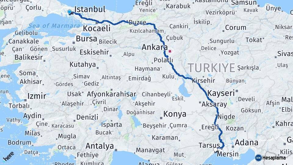 İstanbul Bağcılar Mersin Arası Kaç Km - Yol Haritası
