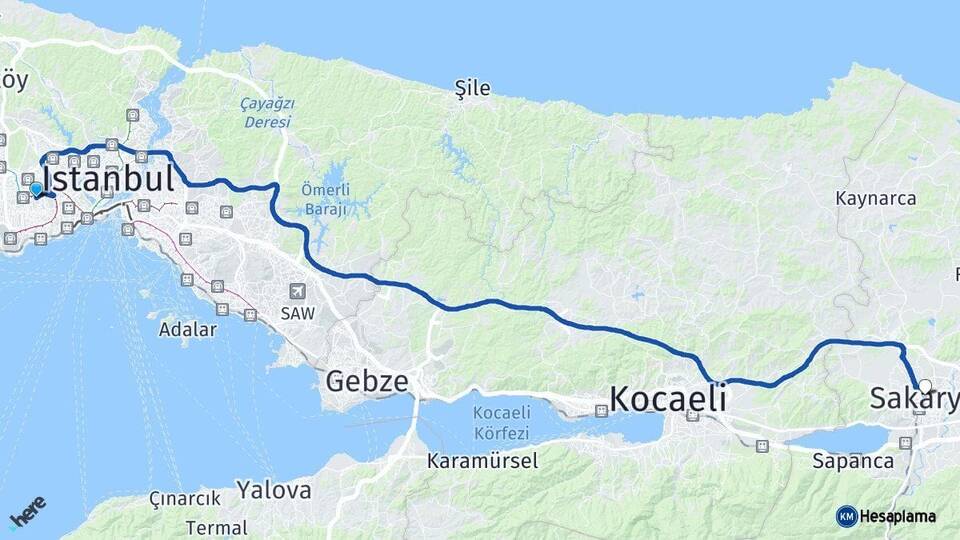 İstanbul Bağcılar Sakarya Arası Kaç Km - Yol Haritası