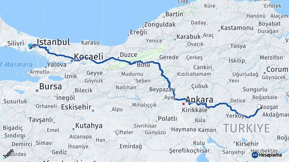 İstanbul Bağcılar Yozgat Arası Kaç Km - Yol Haritası
