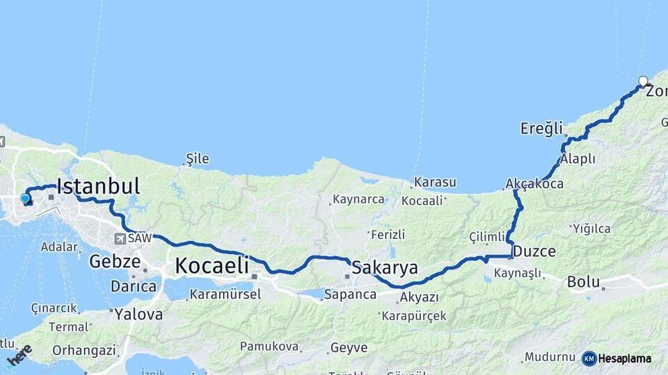 İstanbul Bağcılar Zonguldak Arası Kaç Km - Yol Haritası