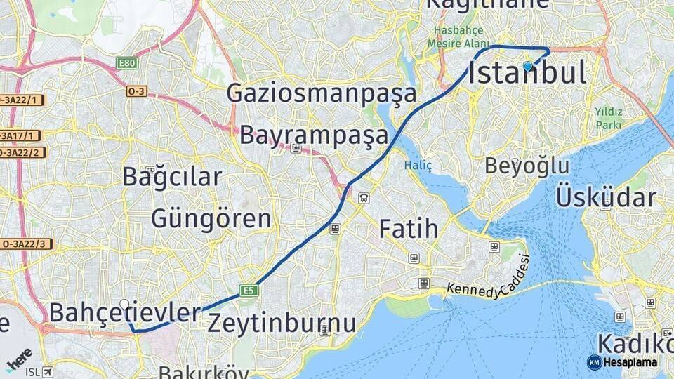 İstanbul Bahçelievler Arası Kaç Km - Yol Haritası