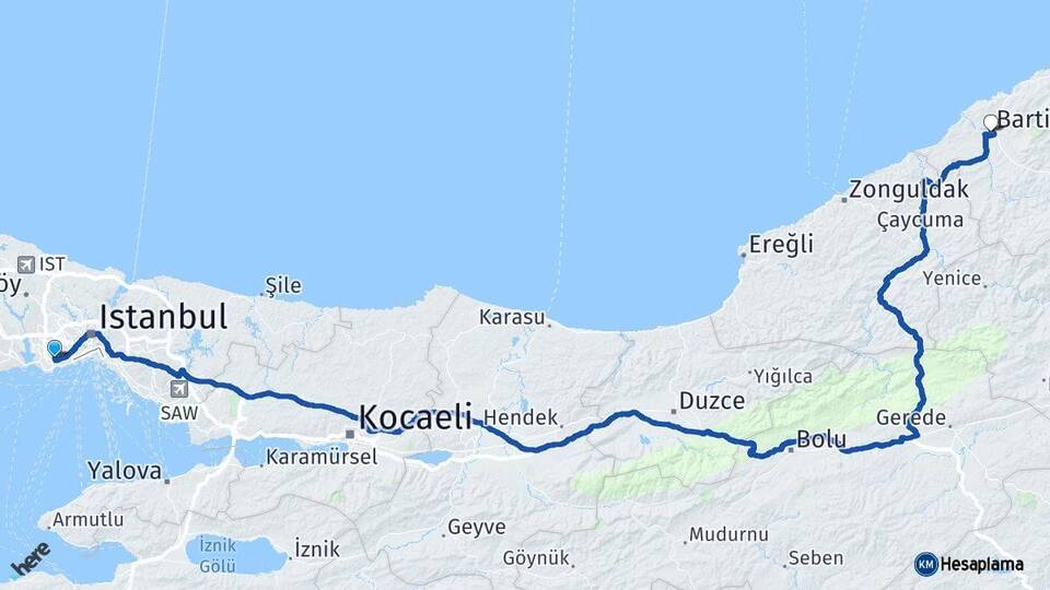 İstanbul Bahçelievler Bartın Arası Kaç Km - Yol Haritası