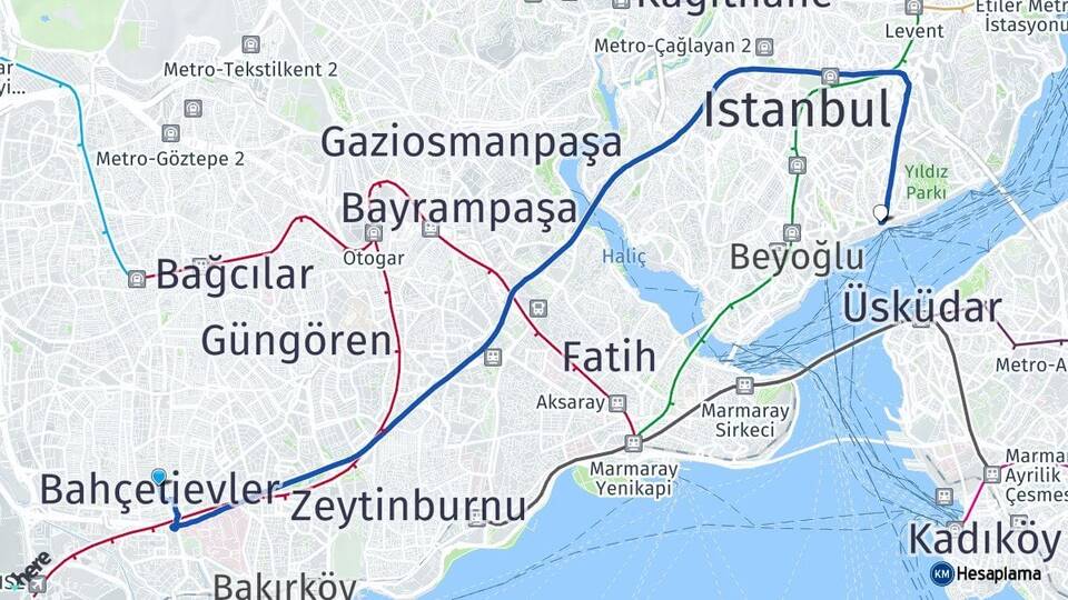 İstanbul Bahçelievler Beşiktaş Arası Kaç Km - Yol Haritası