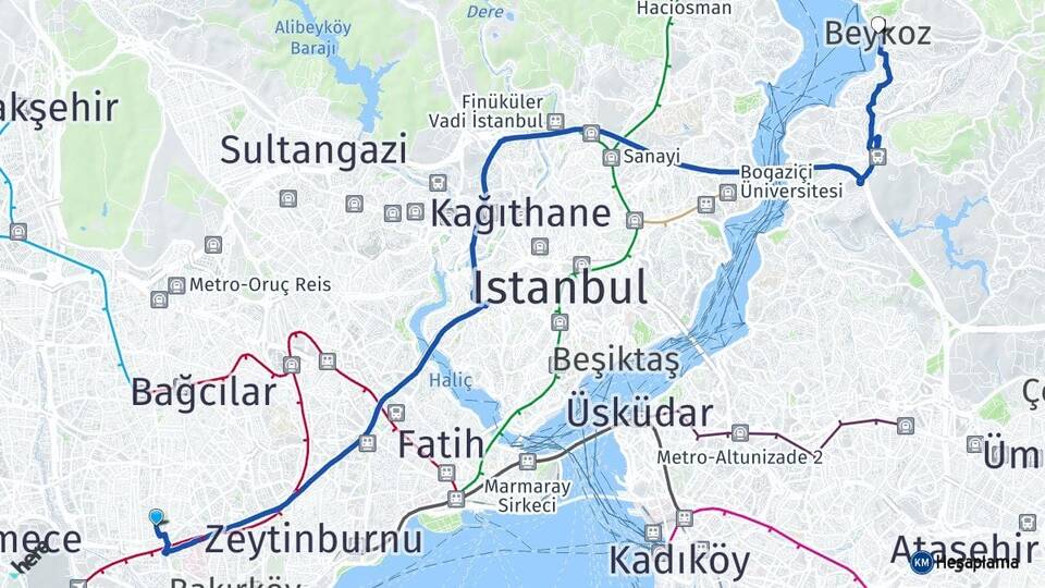 İstanbul Bahçelievler Beykoz Arası Kaç Km - Yol Haritası