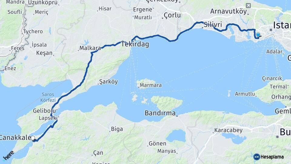 İstanbul Bahçelievler Çanakkale Arası Kaç Km - Yol Haritası