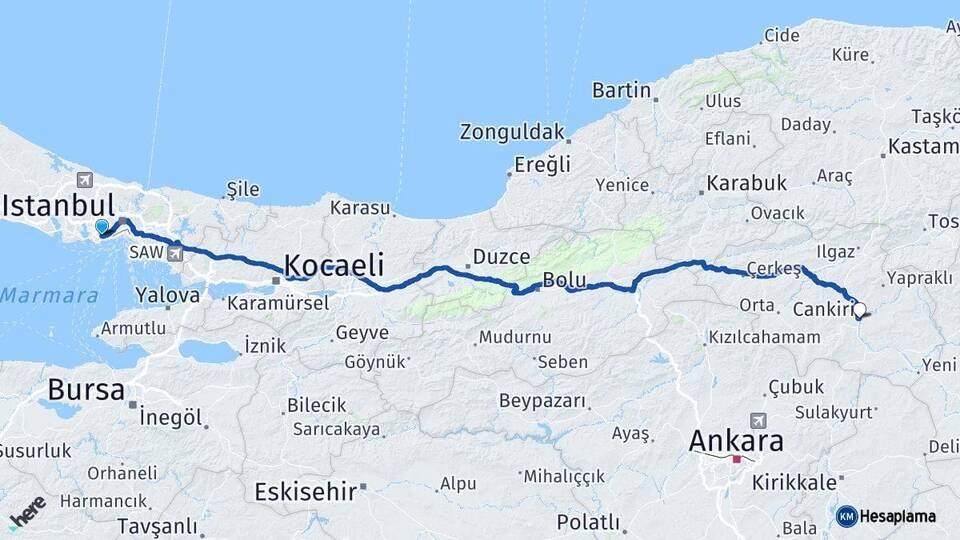 İstanbul Bahçelievler Çankırı Arası Kaç Km - Yol Haritası