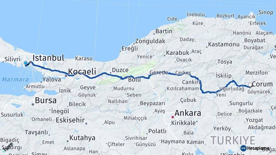 İstanbul Bahçelievler Çorum Arası Kaç Km - Yol Haritası