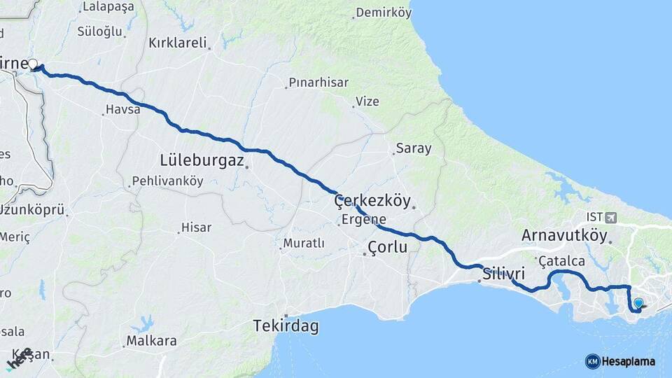 İstanbul Bahçelievler Edirne Arası Kaç Km - Yol Haritası