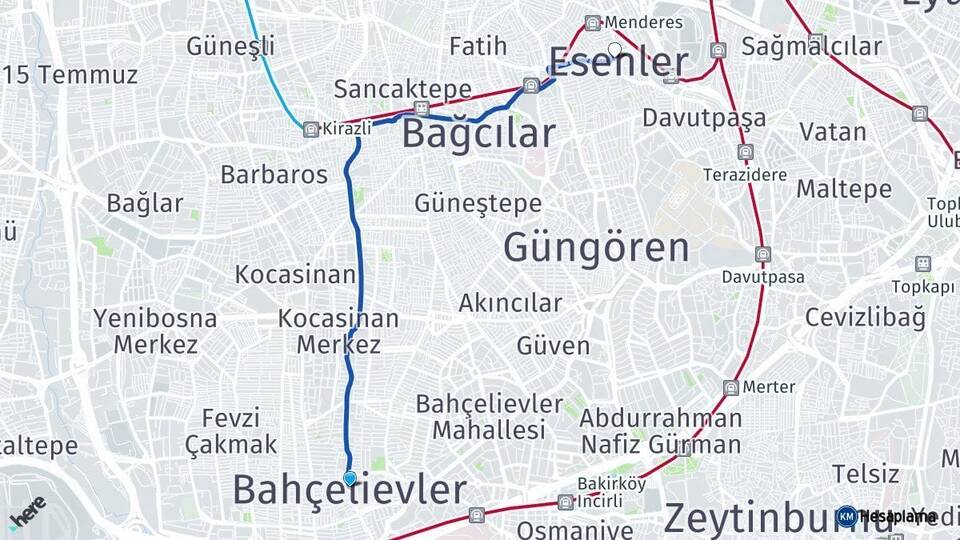İstanbul Bahçelievler Esenler Arası Kaç Km - Yol Haritası