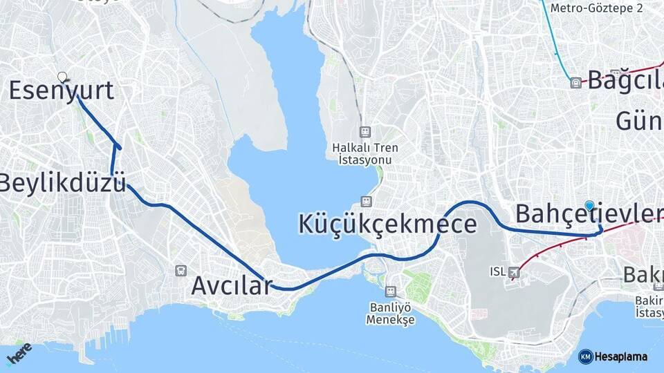 İstanbul Bahçelievler Esenyurt Arası Kaç Km - Yol Haritası