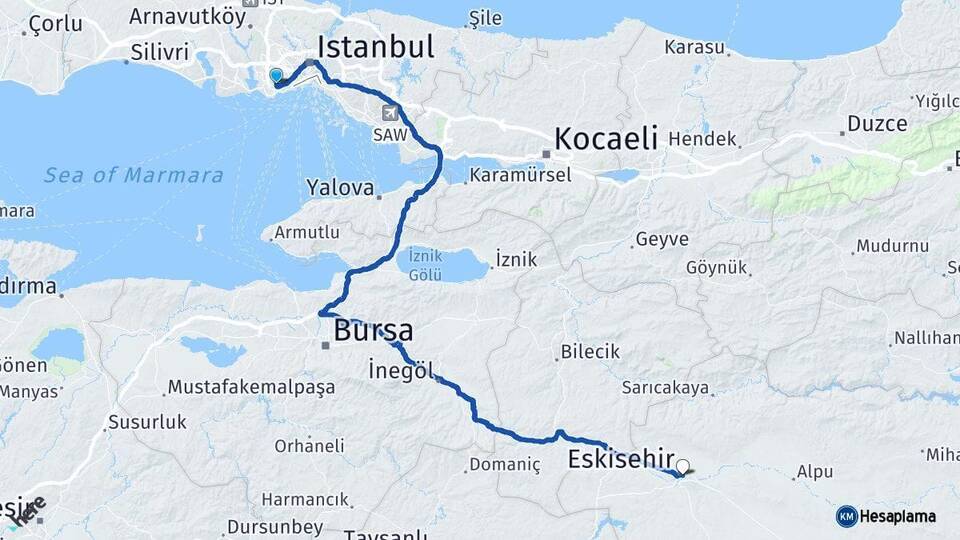 İstanbul Bahçelievler Eskişehir Arası Kaç Km - Yol Haritası