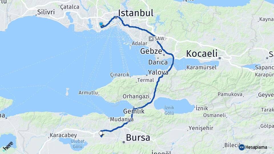 İstanbul Bahçelievler Görükle Nilüfer Bursa Arası Kaç Km - Yol Haritası