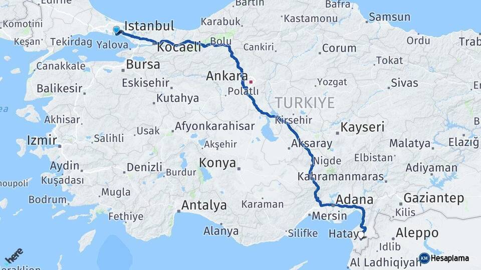 İstanbul Bahçelievler Hatay Arası Kaç Km - Yol Haritası