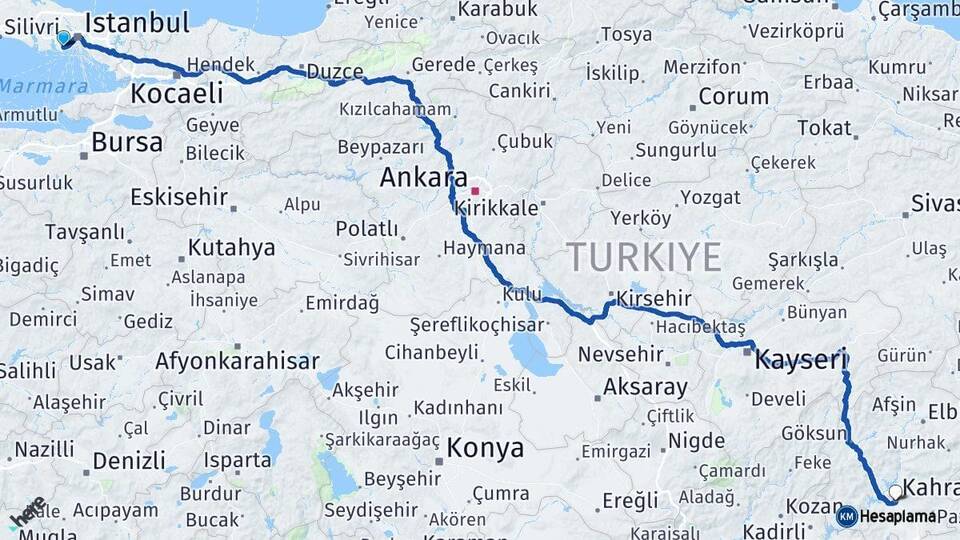 İstanbul Bahçelievler Kahramanmaraş Arası Kaç Km - Yol Haritası