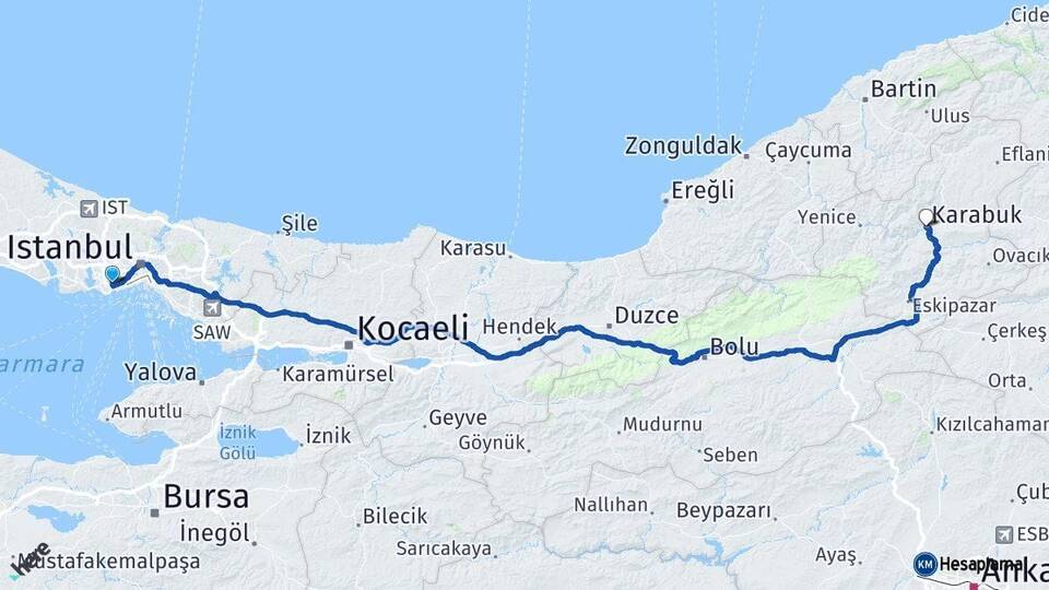 İstanbul Bahçelievler Karabük Arası Kaç Km - Yol Haritası