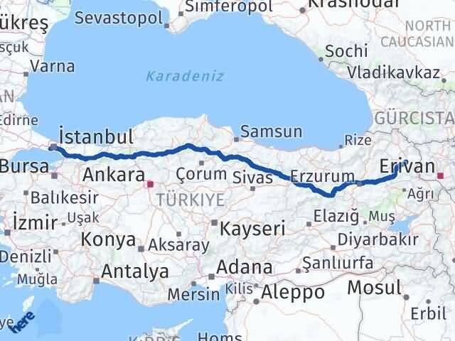 İstanbul Bahçelievler Kars Arası Kaç Km - Yol Haritası