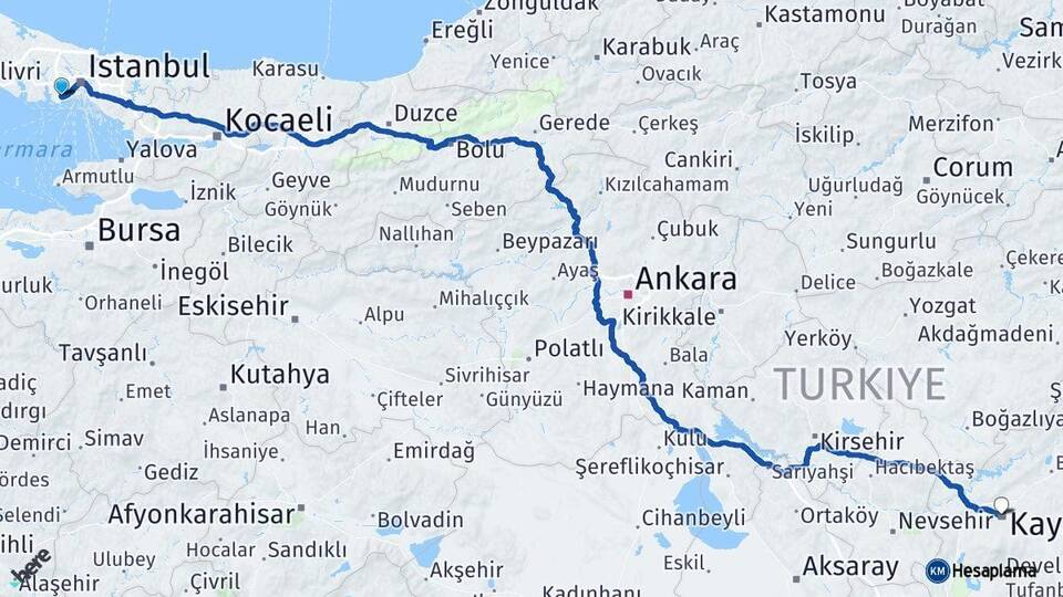 İstanbul Bahçelievler Kayseri Arası Kaç Km - Yol Haritası