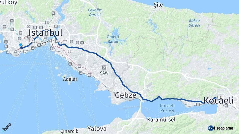 İstanbul Bahçelievler Kocaeli Arası Kaç Km - Yol Haritası