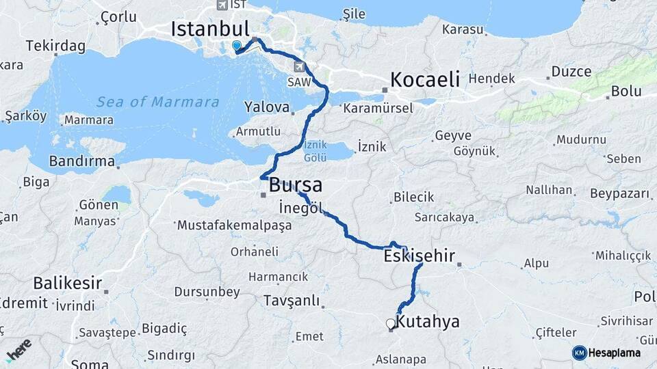 İstanbul Bahçelievler Kütahya Arası Kaç Km - Yol Haritası