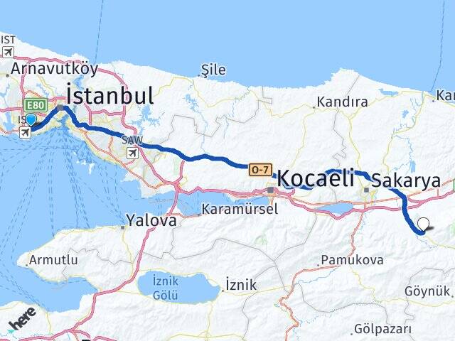 İstanbul Bahçelievler Kuzuluk Ortamahalle Akyazı Sakarya Arası Kaç Km - Yol Haritası