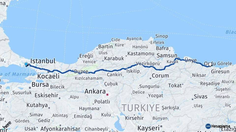 İstanbul Bahçelievler Ordu Arası Kaç Km - Yol Haritası