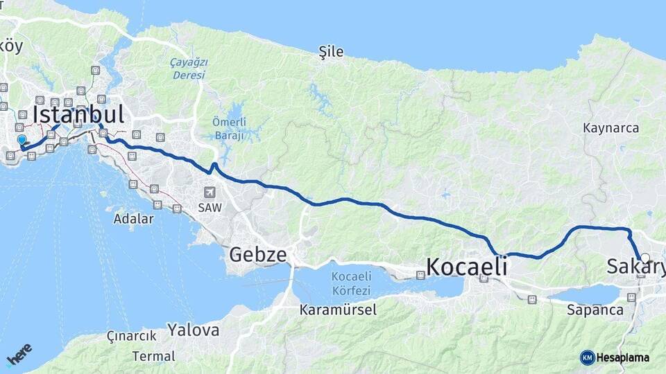 İstanbul Bahçelievler Sakarya Arası Kaç Km - Yol Haritası