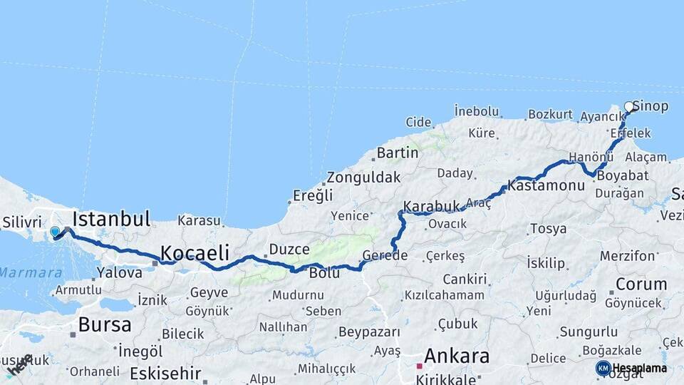 İstanbul Bahçelievler Sinop Arası Kaç Km - Yol Haritası