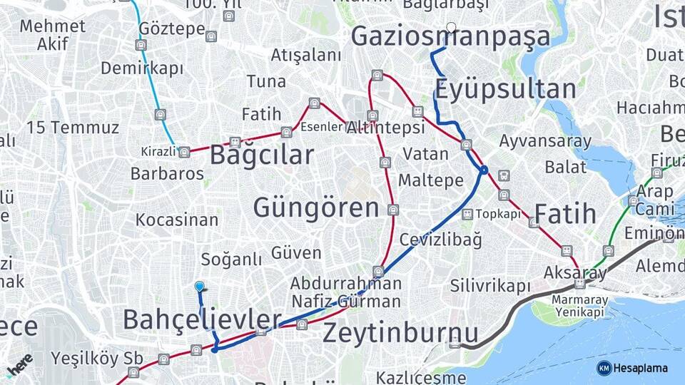 İstanbul Bahçelievler Şirinevler Gaziosmanpaşa Arası Kaç Km - Yol Haritası
