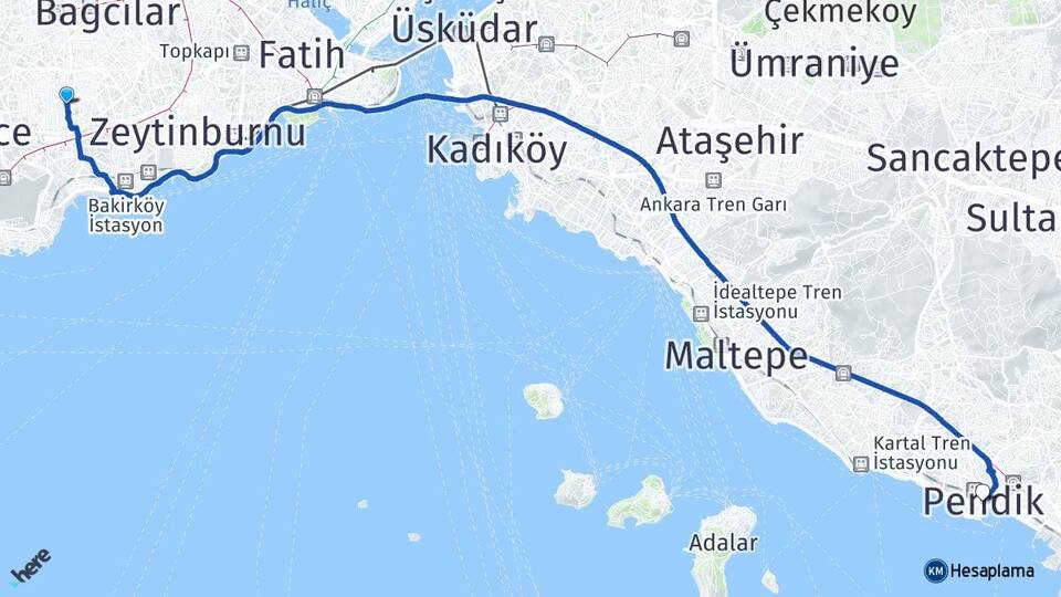 İstanbul Bahçelievler Şirinevler Pendik Arası Kaç Km - Yol Haritası