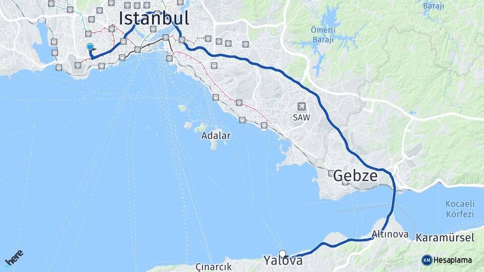 İstanbul Bahçelievler Şirinevler Yalova Arası Kaç Km - Yol Haritası
