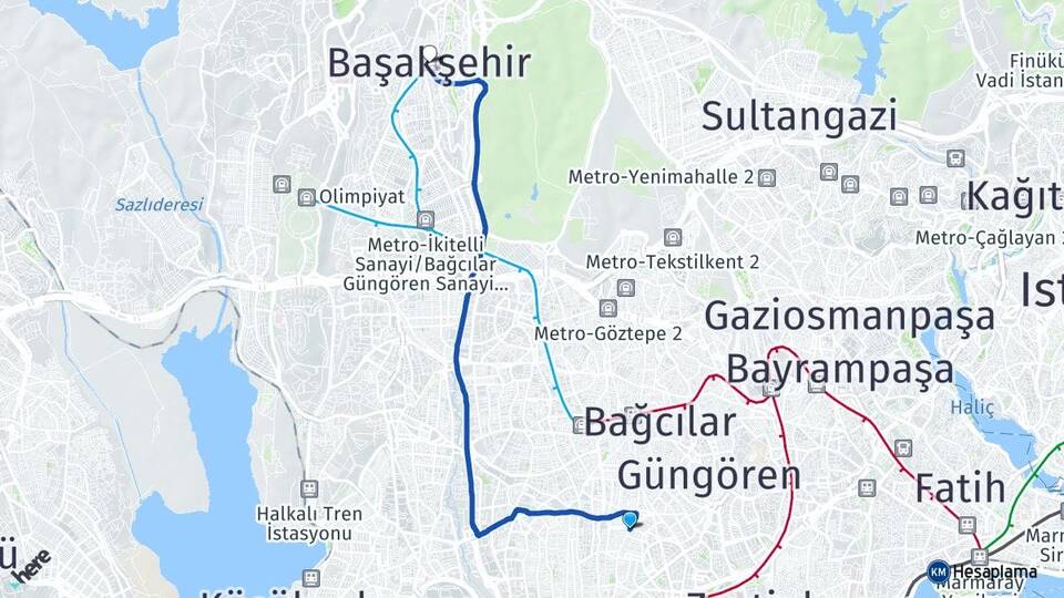 İstanbul Bahçelievler Soğanlı Başakşehir Arası Kaç Km - Yol Haritası