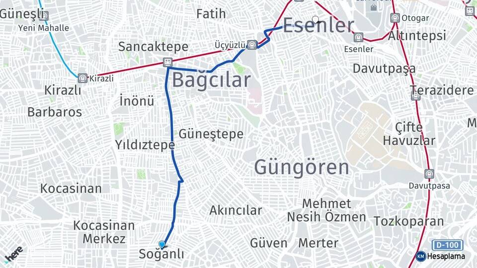 İstanbul Bahçelievler Soğanlı Esenler Arası Kaç Km - Yol Haritası