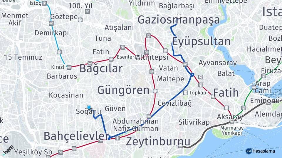 İstanbul Bahçelievler Soğanlı Gaziosmanpaşa Arası Kaç Km - Yol Haritası