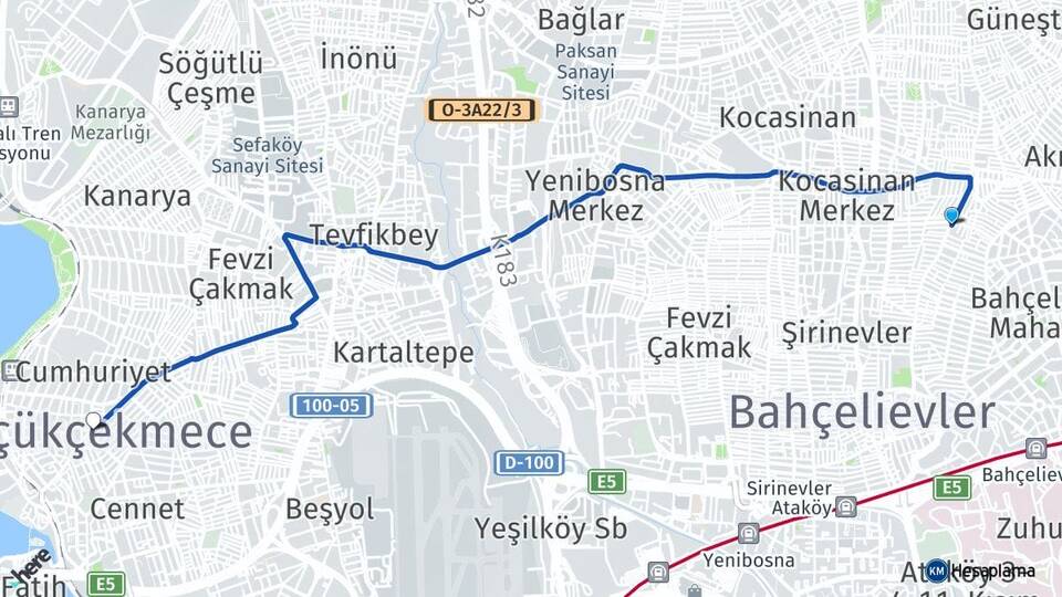 İstanbul Bahçelievler Soğanlı Küçükçekmece Arası Kaç Km - Yol Haritası