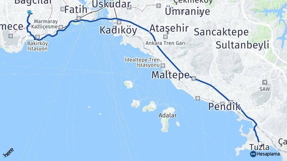 İstanbul Bahçelievler Soğanlı Tuzla Arası Kaç Km - Yol Haritası