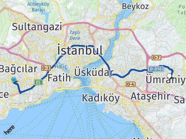 İstanbul Bahçelievler Soğanlı Ümraniye Arası Kaç Km - Yol Haritası