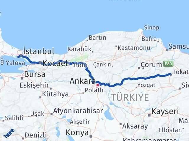 İstanbul Bahçelievler Tokat Arası Kaç Km - Yol Haritası