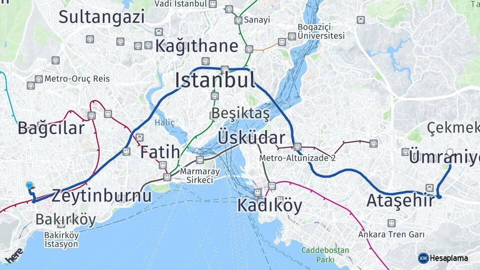 İstanbul Bahçelievler Ümraniye Arası Kaç Km - Yol Haritası