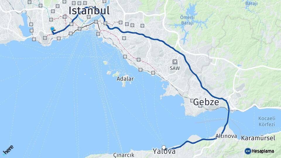 İstanbul Bahçelievler Yalova Arası Kaç Km - Yol Haritası