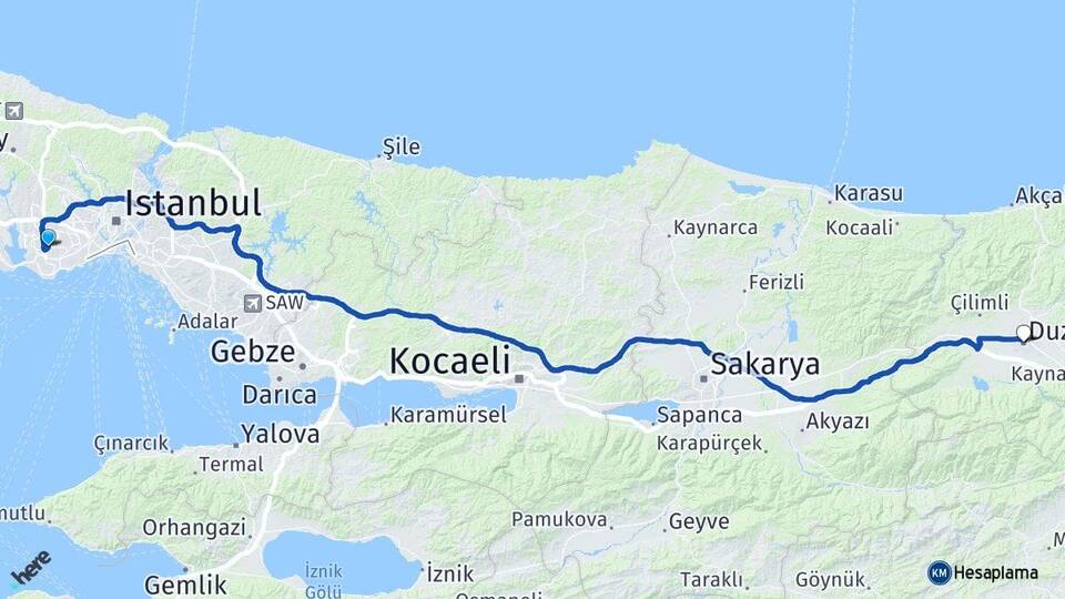 İstanbul Bahçelievler Yenibosna Düzce Arası Kaç Km - Yol Haritası
