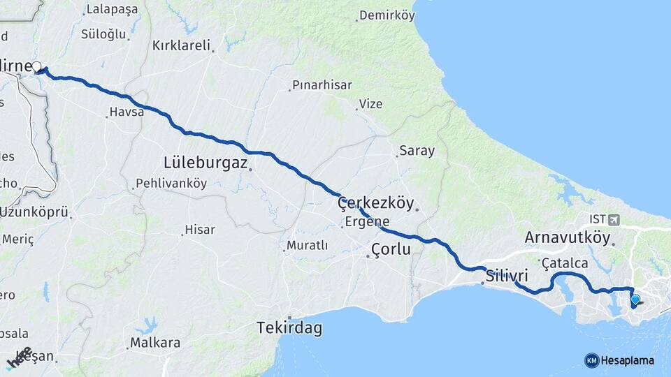 İstanbul Bahçelievler Yenibosna Edirne Arası Kaç Km - Yol Haritası
