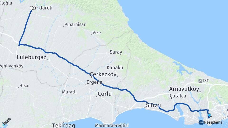 İstanbul Bahçelievler Yenibosna Kırklareli Arası Kaç Km - Yol Haritası