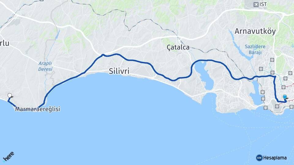 İstanbul Bahçelievler Yeniçiftlik Marmaraereğlisi Tekirdağ Arası Kaç Km - Yol Haritası