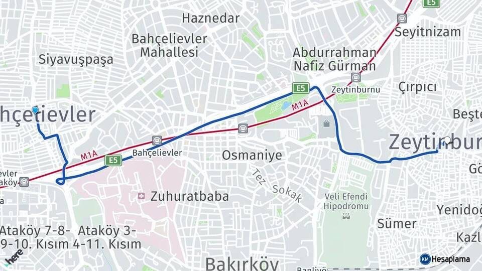 İstanbul Bahçelievler Zeytinburnu Arası Kaç Km - Yol Haritası