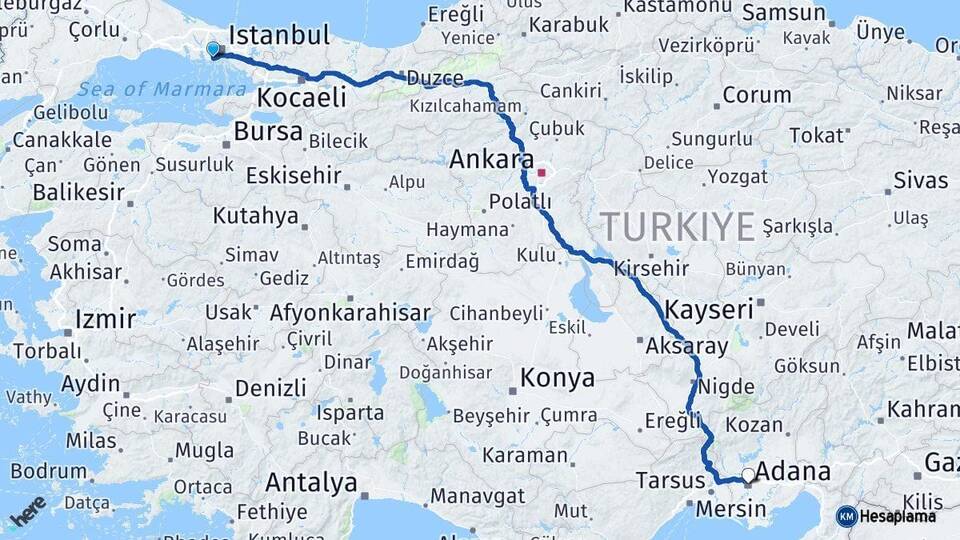 İstanbul Bakırköy Adana Arası Kaç Km - Yol Haritası