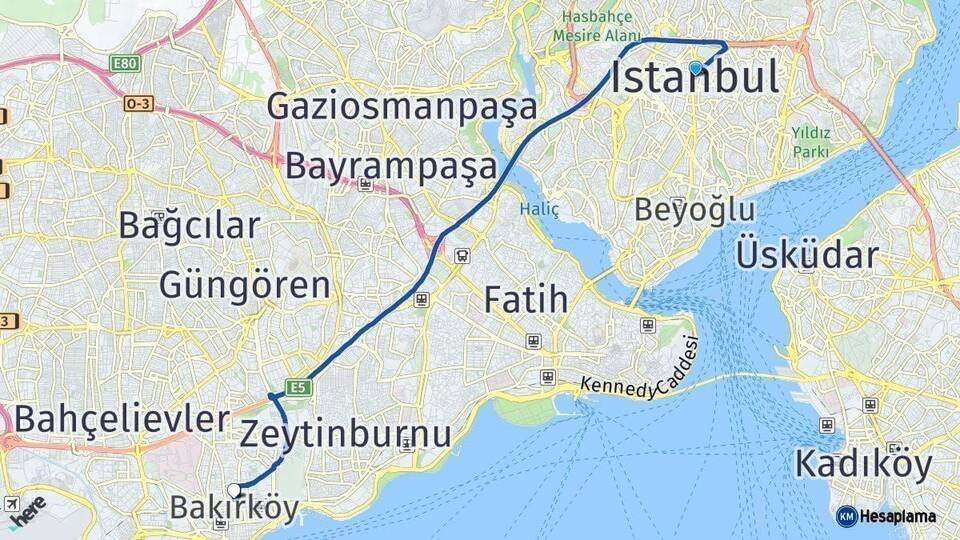 İstanbul Bakırköy Arası Kaç Km - Yol Haritası