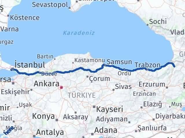 İstanbul Bakırköy Artvin Arası Kaç Km - Yol Haritası