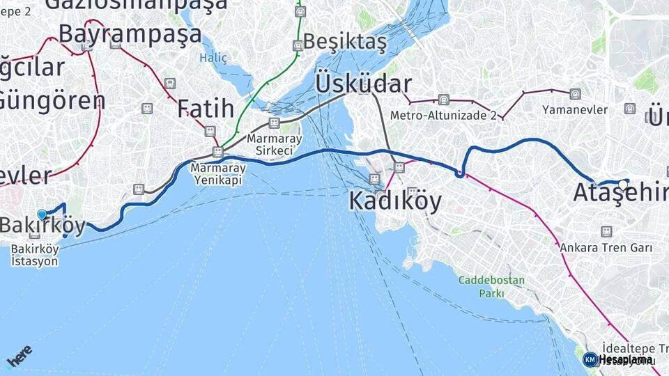 İstanbul Bakırköy Ataşehir Arası Kaç Km - Yol Haritası